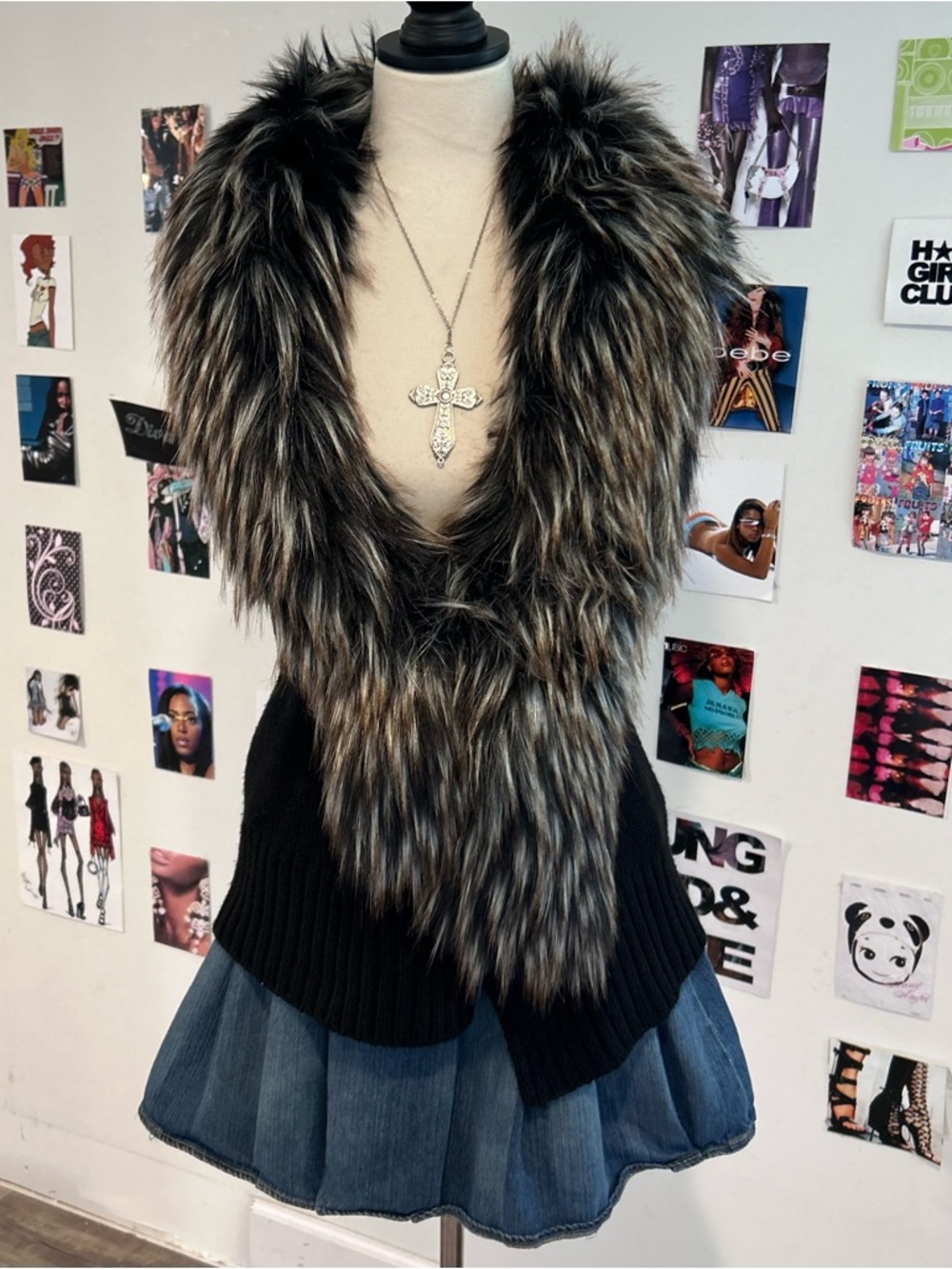 Y2K sexy faux fur trim knit vest
